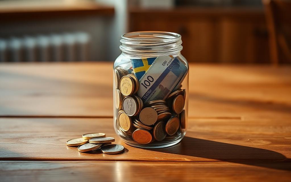 Glasburk fylld med svenska mynt och sedlar på ett träbord.