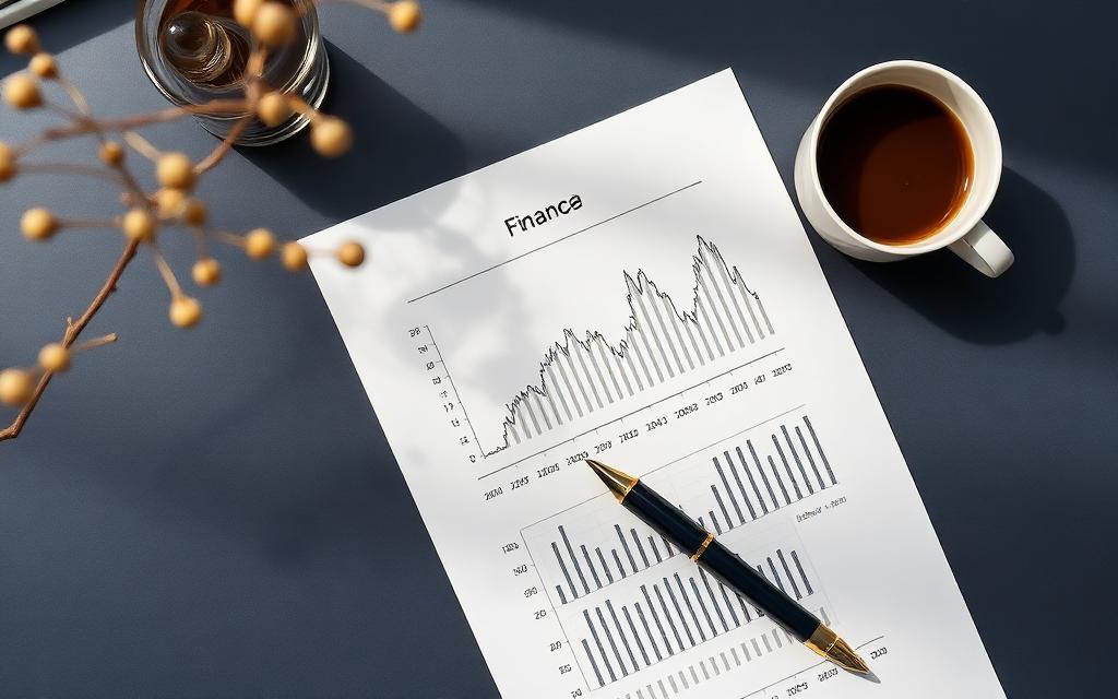 Finansdiagram på papper bredvid en kaffekopp och penna.